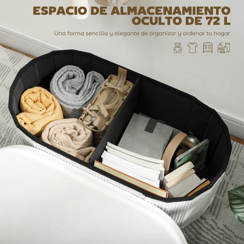 HOMCOM Puff Almacenaje Banco Almacenaje Plegable 72 L 76x38x35 cm Tapizado en Terciopelo Baúl de Almacenamiento Crema