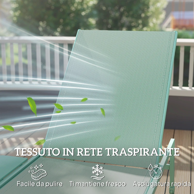 Outsunny Set 2 Lettini Prendisole Regolabili in 5 Posizioni con Tavolino Laterale e 2 Ruote, in Metallo e Poliestere, Verde