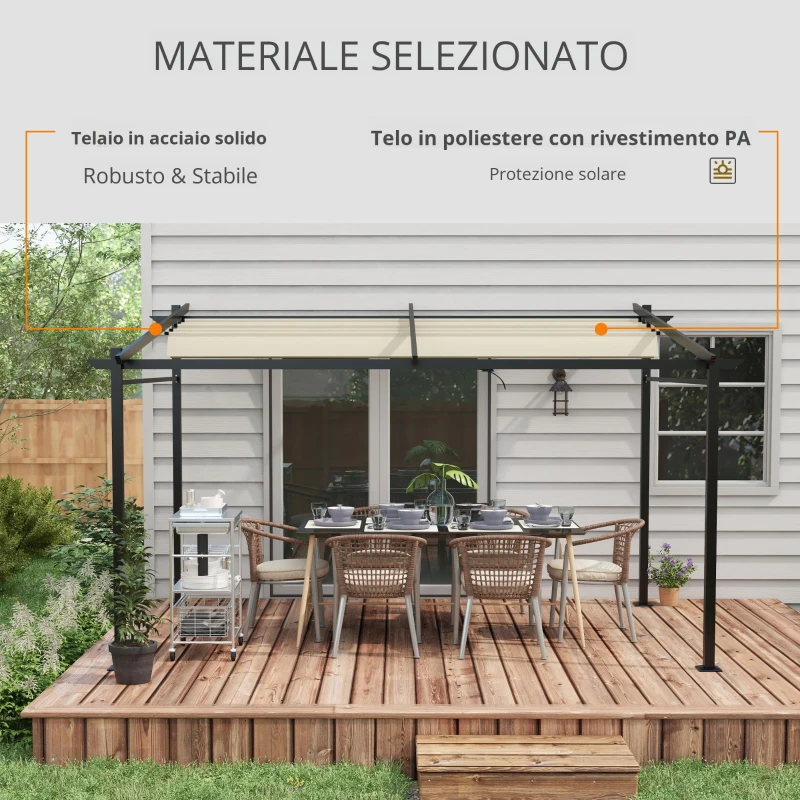 Outsunny Pergola Retrattile 4 x 3 m, Struttura in Metallo con Finitura Epossidica Anticorrosione, Telo in Poliestere 180 g/m², Beige