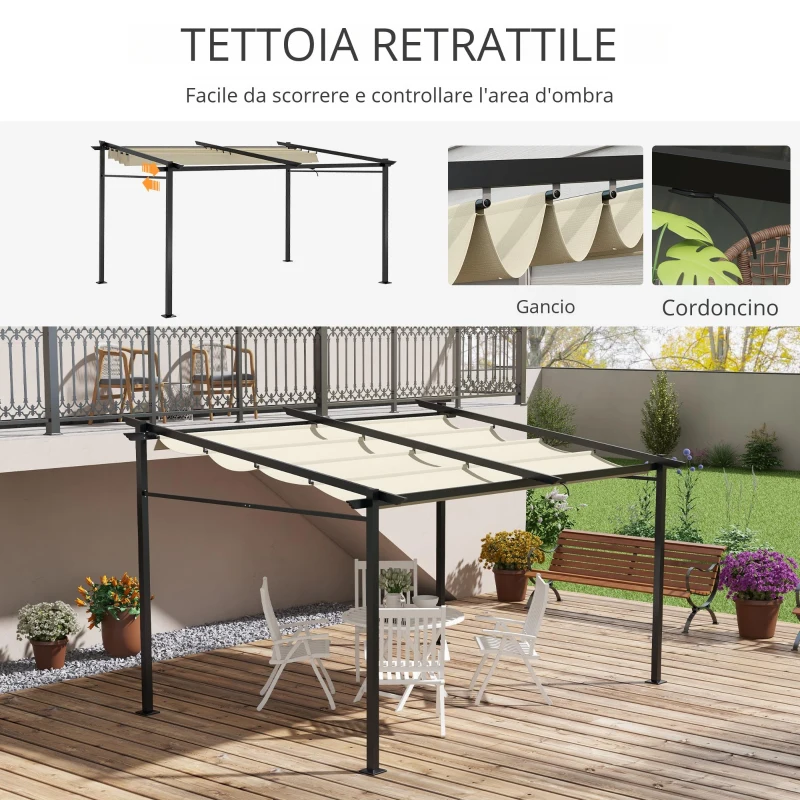 Outsunny Pergola Retrattile 4 x 3 m, Struttura in Metallo con Finitura Epossidica Anticorrosione, Telo in Poliestere 180 g/m², Beige