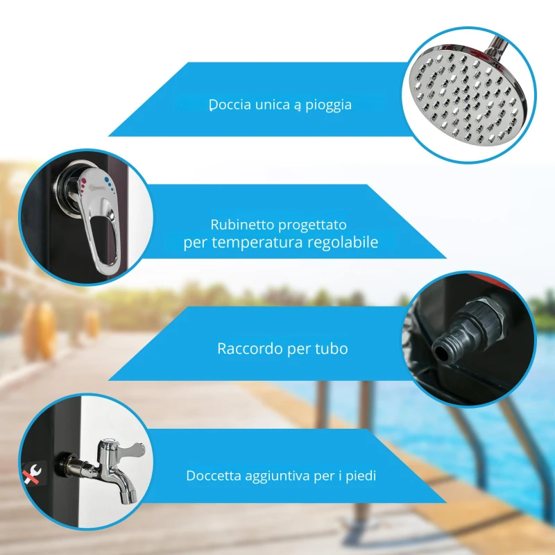 Outsunny Doccia Solare Esterna 35L, Doccia da Giardino, Spiaggia, Piscina, con Doccetta e Rubinetto, Termometro Integrato, Acqua Fredda e Calda, Max. 55°C, PVC ABS, 17,5l x 14,5l x 216H cm, Nero