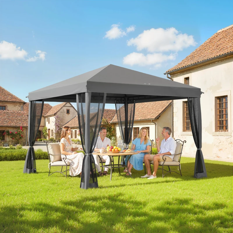 Outsunny 3 x 3 m Pop Up Gazebo, 420D Garden Tent Canopy with Removable Mesh Sidewall Netting, Carry Bag for Garden Patio Outdoor, Light Grey