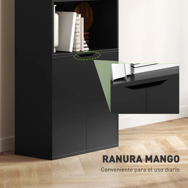 HOMCOM Estantería para Libros de 6 Niveles Librería con Puertas 4 Estantes Abiertos para Salón Estudio 59x29x180 cm Negro