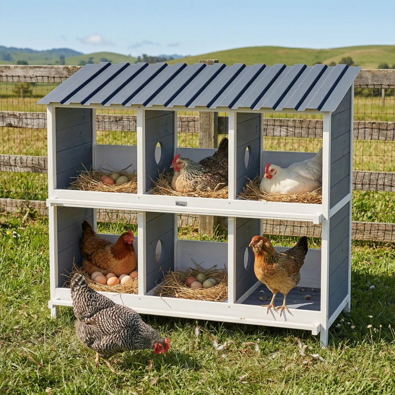 PawHut Legnest voor kippen, verhoogd houten kippennest met 6 compartimenten, 4 zitstokken voor kleine dierenhok, 102 x 50 x 91 cm, grijs