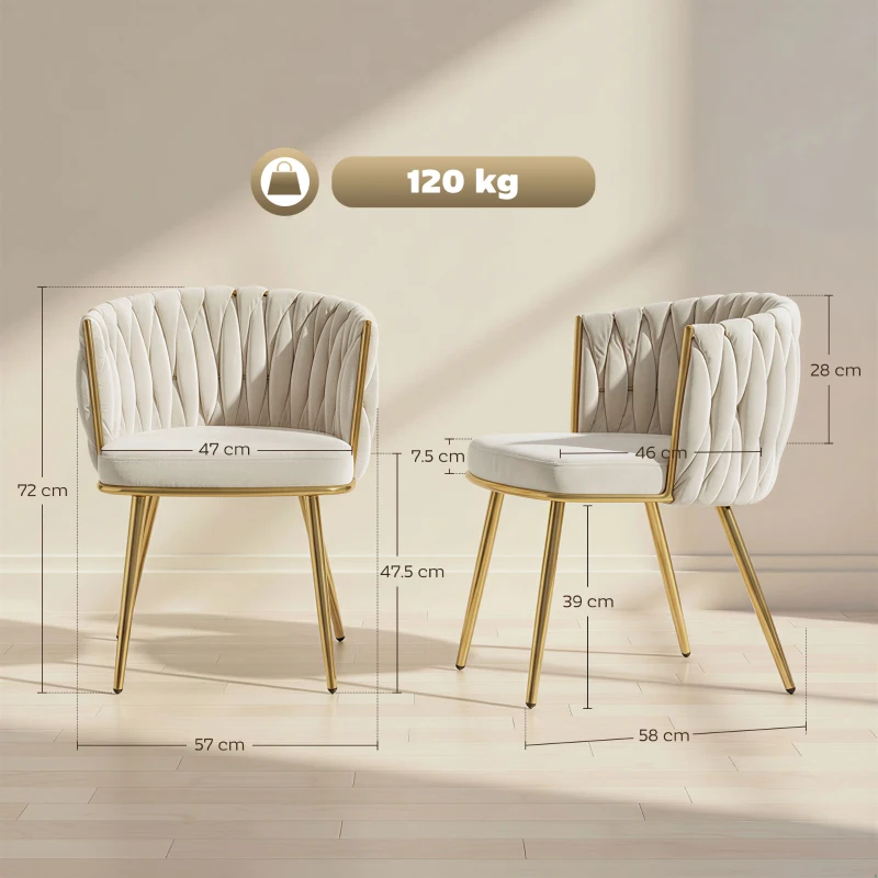 HOMCOM Velvet-Feel Dining Chairs Set of 2, Modern Upholstered Armchair with Knot Design and Golden Metal Legs, Accent Chair for Dining Room, Bedroom, Kitchen, Living Room, Cream