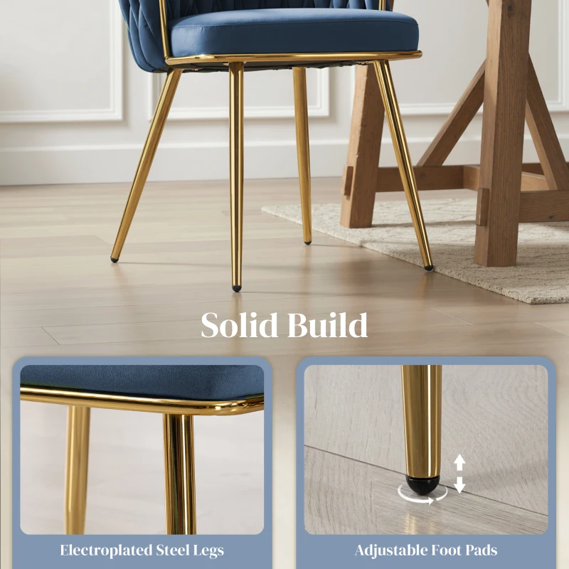 HOMCOM Velvet-Feel Dining Chairs Set of 2, Modern Upholstered Armchair with Knot Design and Golden Metal Legs, Accent Chair for Dining Room, Bedroom, Kitchen, Living Room, Dark Blue