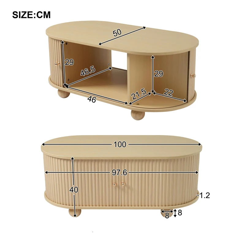 Table basse ovale avec rangement et portes coulissantes, 100x50x40 cm, Couleur naturelle