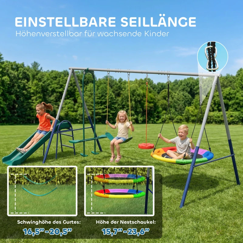AIYAPLAY 5 in 1 Schaukelgestell mit Rutsche höhenverstellbar Schaukelgerüst mit Nestschaukel 382x196 x203 cm Mehrfarbig