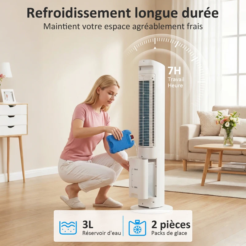 HOMCOM Refroidisseur d'air colonne 3 en 1 refroidisseur humidificateur ventilateur, oscillation 48°, 3 vitesses 3 modes, blanc