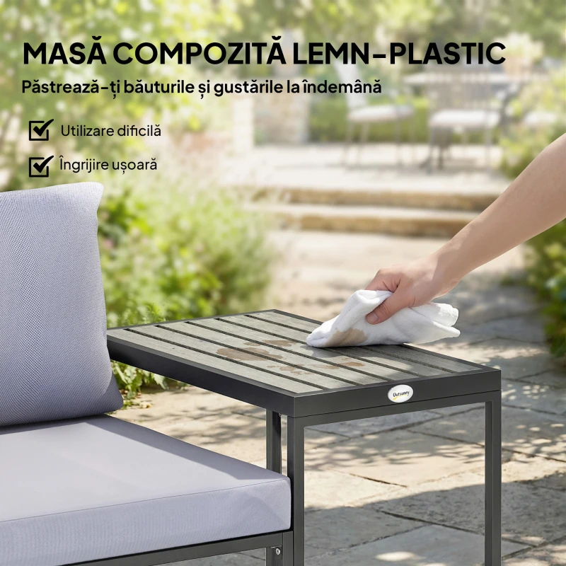 Outsunny Set Bistro Grădină 3 Piese pentru 2 Persoane, Masă și Scaune Exterior cu Șezut Textilen și Perne, Gri