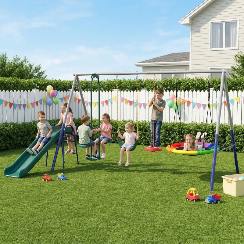 AIYAPLAY 5 in 1 Schaukelgestell mit Rutsche höhenverstellbar Schaukelgerüst mit Nestschaukel 382x196 x203 cm Mehrfarbig