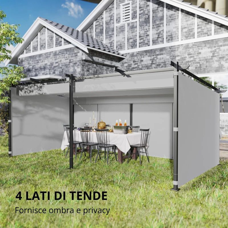 Outsunny Pergola giardino esterno 3 x 6 m pergola scorrevole retrattile con pareti laterali, copertura solare UPF30+, grigio