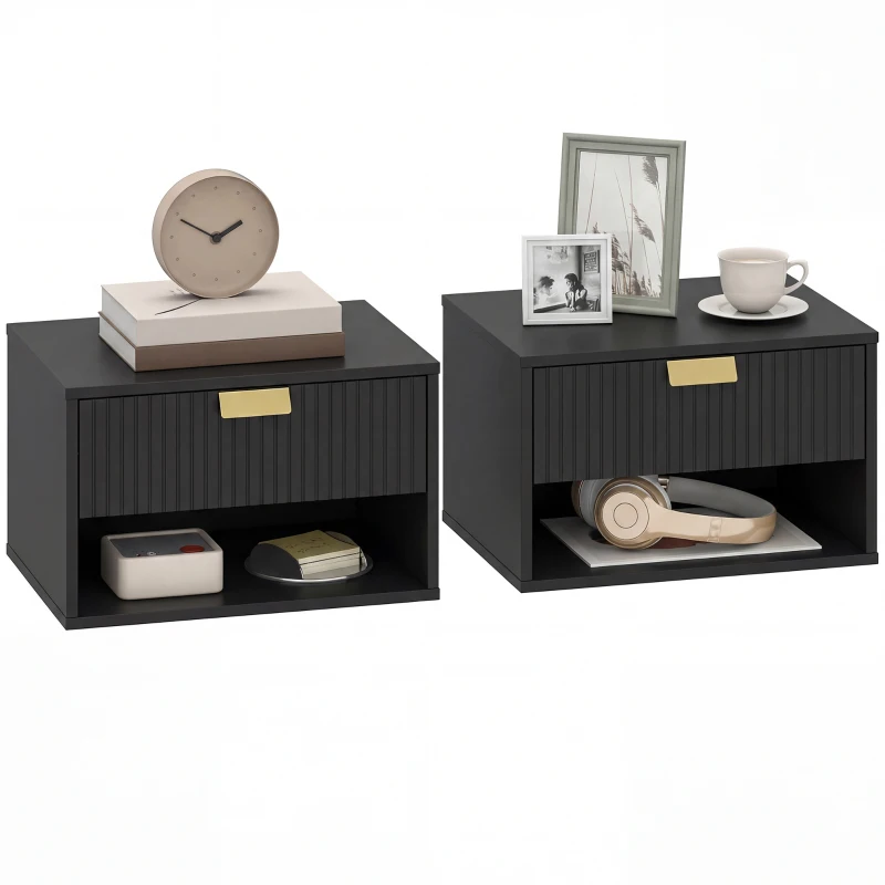 HOMCOM Set of 2 Wall Mounted Nightstands, Floating Bedside Tables with Fluted Drawer and Open Shelf for Small Bedroom, Black