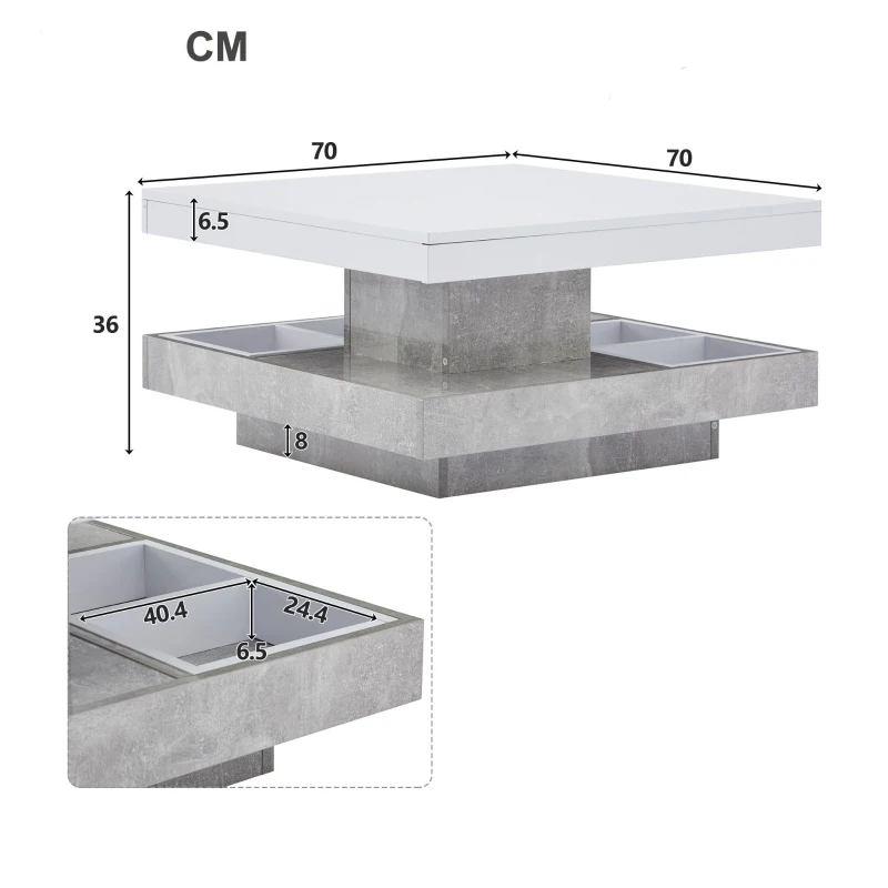 Tavolino da caffè lucido e girevole a 2 livelli con ripiano portaoggetti, 70x70x36 cm, Bianco