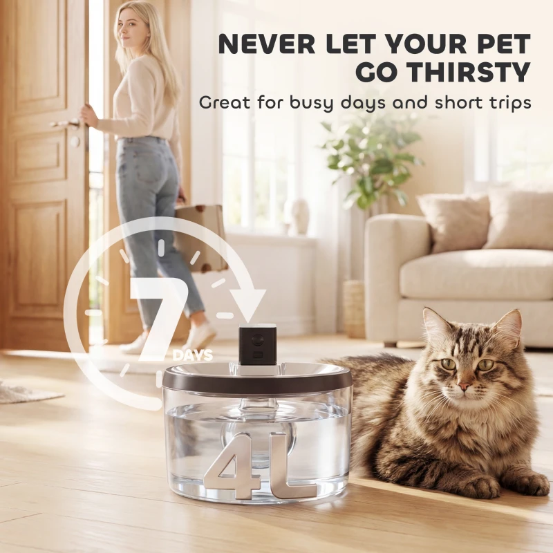 PawHut Kattenfontein 4L draadloos roestvrij staal drinkfontein met bewegingssensor 12 filters dubbel filtersysteem LED zilver