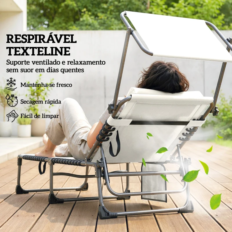Outsunny Conjunto de 2 Espreguiçadeiras Jardim Dobráveis com Encosto Reclinável 5 Posições e Assento em Malha Creme