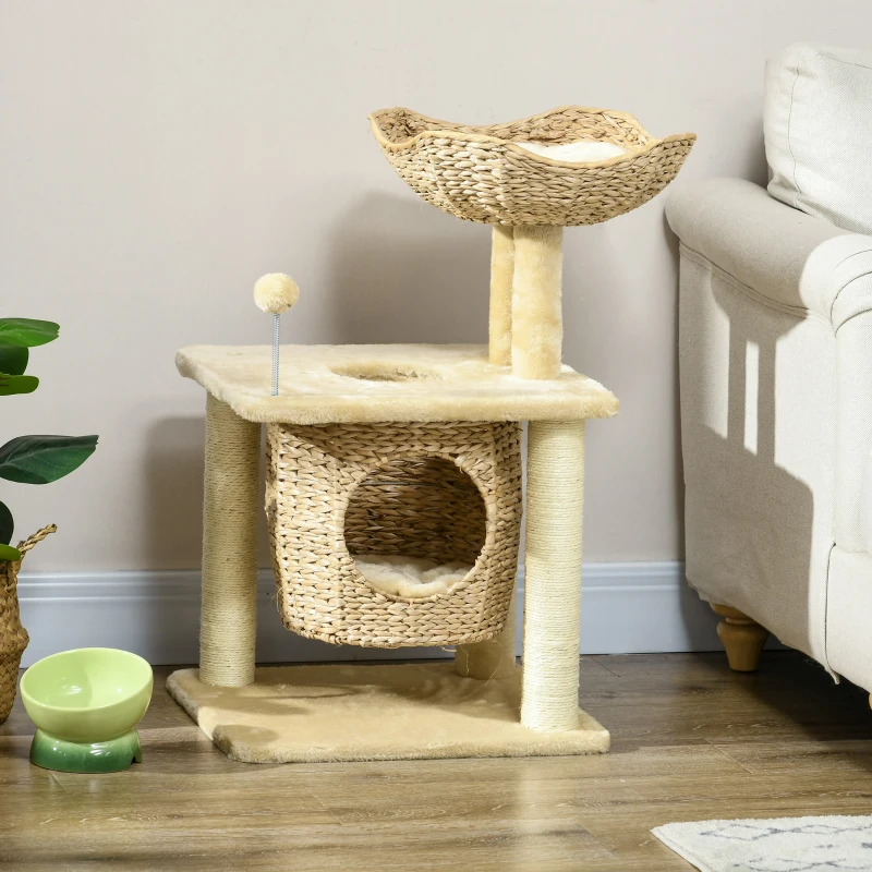 PawHut Arbre à chats griffoir sisal naturel 1 niche panier pompon peluche jacinthe d'eau 45 x 40 x 74 cm beige
