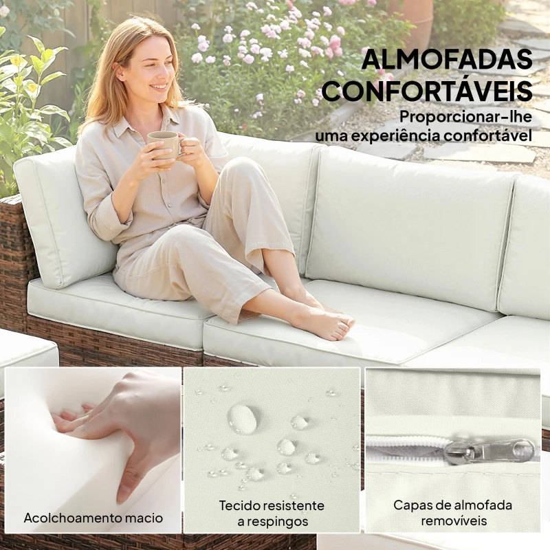 Outsunny Conjunto de Jardim Exterior em Rattan de 6 Peças com Cadeira de Canto, 2 Cadeiras sem Braços, Apoio para Pés e Mesa Castanha