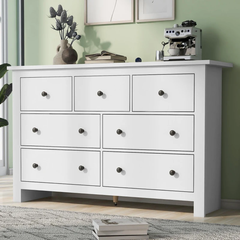 Madia credenza minimal portaoggetti con 7 cassetti, 152x40x88.5 cm, Bianco