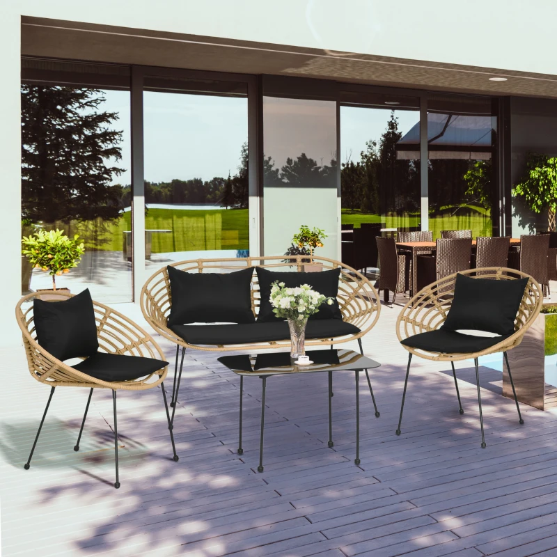 Outsunny Ensemble salon de jardin 4 pièces canapé 2 places + 2 fauteuils + 1 table basse plateau verre trempé 7 coussins