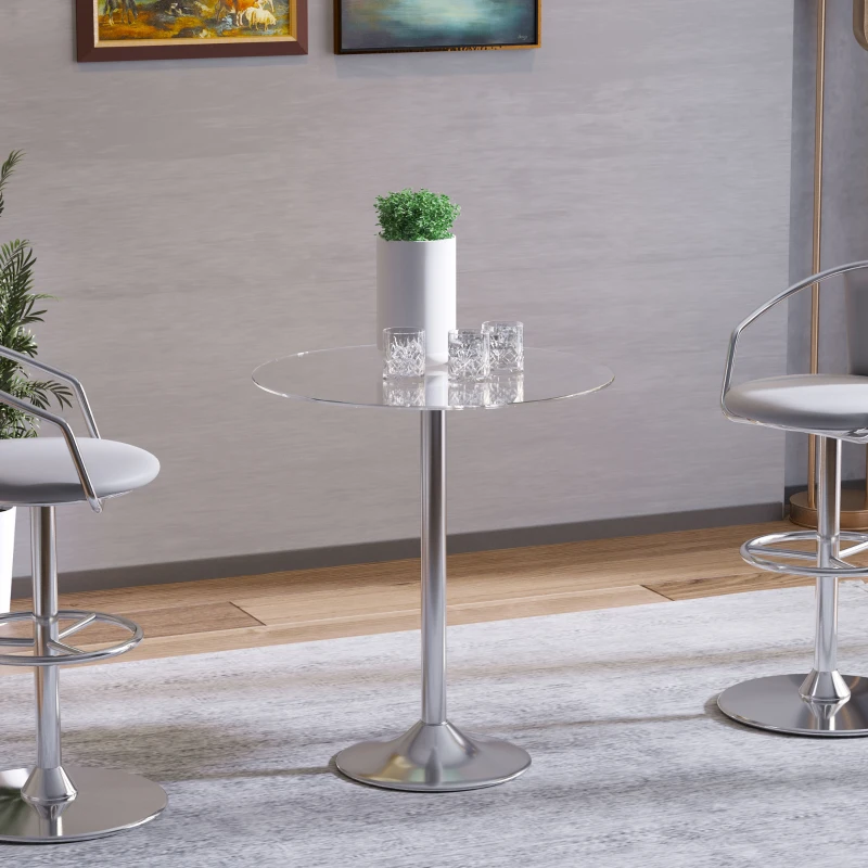 HOMCOM Table à manger ronde pour 2 personnes, table de cuisine moderne avec plateau en verre trempé et base en acier, argenté