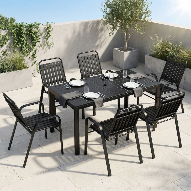 Outsunny 7 Pieces Outdoor Dining Set with Umbrella Hole, Garden Table and Chairs Set for 6 with Metal Table and Stackable Chairs