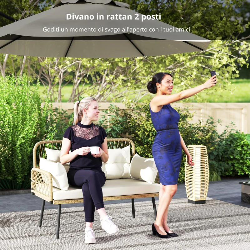 Outsunny Divano da giardino con cuscini e cuscini 2 posti in rattan intrecciato, divano per esterni con braccioli naturale