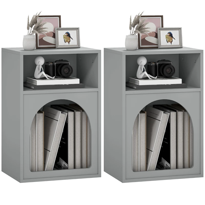 HOMCOM Lot de 2 tables de chevet, table de nuit avec compartiments ouverts, design arqué, 40 x 30 x 60 cm, gris