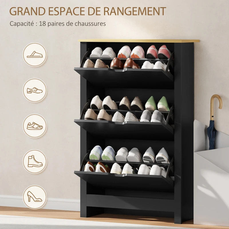 HOMCOM Armoire à Chaussures 3 Portes abattantes 2 Compartiments Panneaux Particules noir chêne