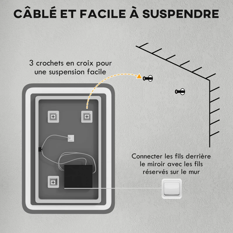 HOMCOM Miroir de salle de bain rectangulaire LED fonction anti-buée luminosité réglable fonction mémoire 70 x 50 cm argent