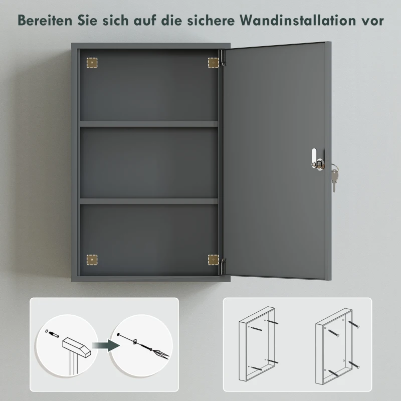 kleankin Wand-Medizinschrank, Badezimmerschrank mit 3 Regalböden, 2 Schlüsseln, 40 x 18 x 60 cm, Grau