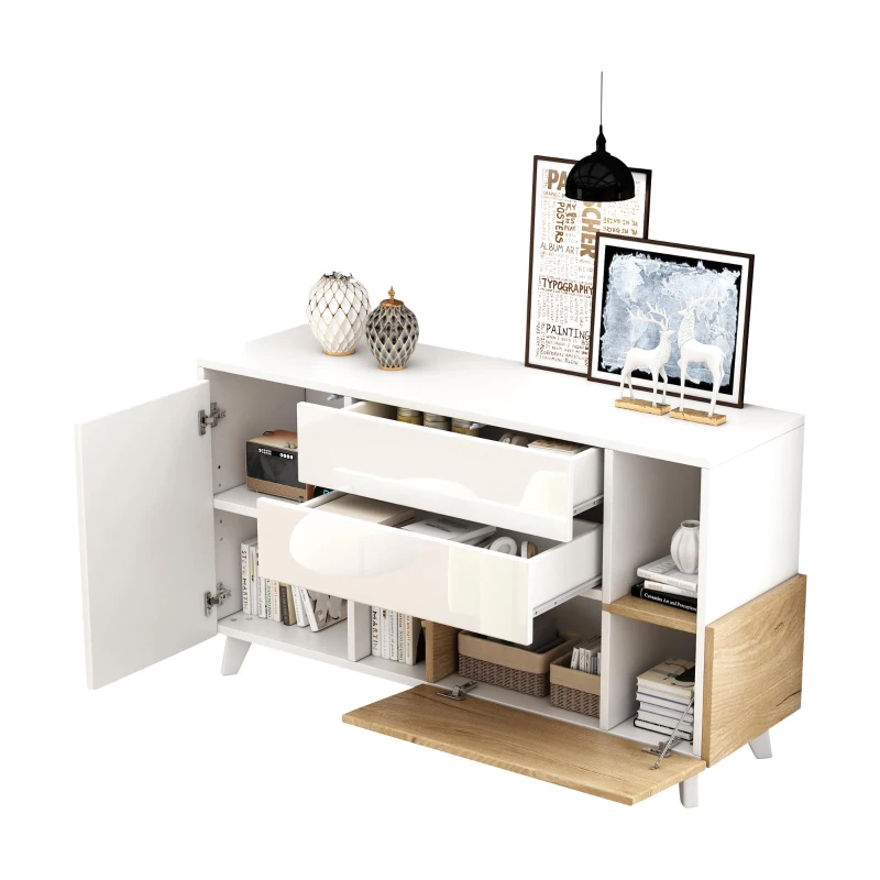 Credenza moderna con spazio contenitore, in Truciolato, 130x40x70 cm, Bianco e color Legno