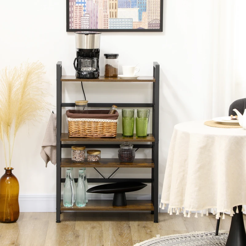 HOMCOM Étagères de cuisine meuble de rangement avec 4 étagères et 4 crochets cadre en acier noir et bois aspect marron