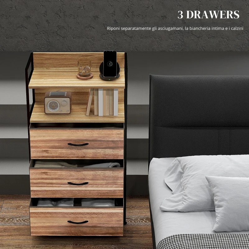 HOMCOM Cassettiera con 3 Cassetti in Tessuto Rimovibili e 2 Ripiani, 60 x 29 x 101cm, MDF e Metallo, Naturale e Nero