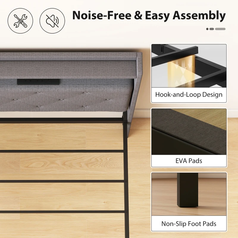 HOMCOM Floating Bed Frame, Upholstered 3ft Single Size Bed, Platform Bed with RGB LED Lights and Charging Station, Grey