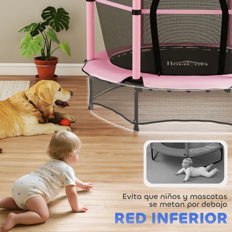 HOMCOM Trampolín para Niños de +3 Años Ø140 cm con Red de Seguridad y Marco de Acero para Interior y Exterior Rosa y Negro