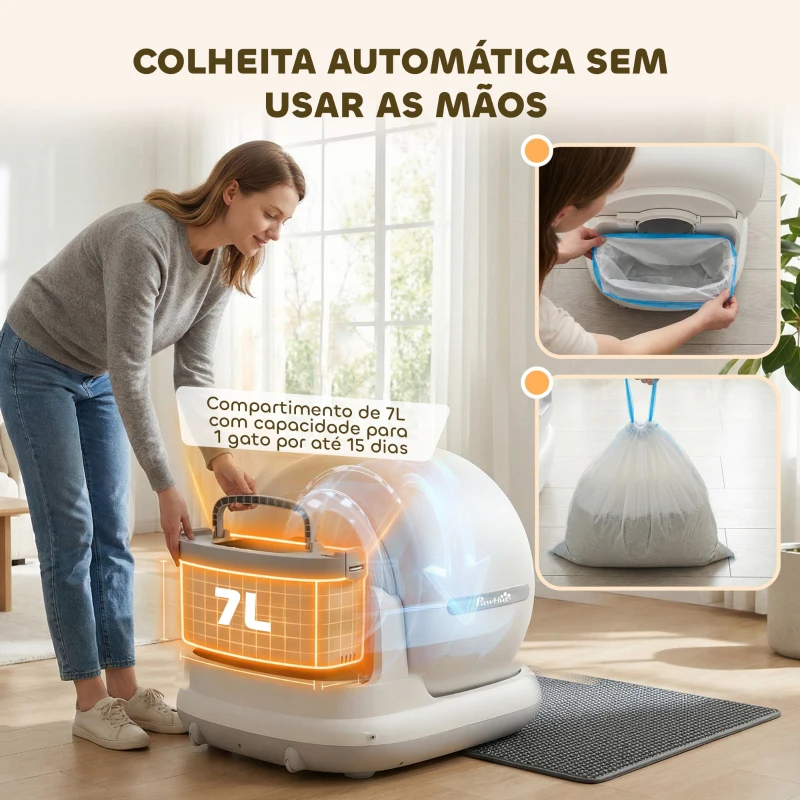 PawHut Caixa de Areia Autolimpante Capacidade 7L com Controlo por APP Purificação de Odores Ruído e Sensores de Segurança 58,1x47,5x53 cm Branco e Cinzento