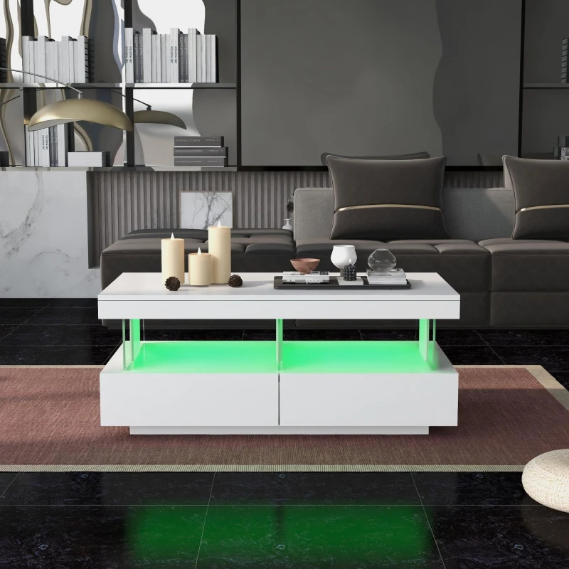 Tavolino da salotto moderno e lucido con illuminazione LED e 2 cassetti, 100x60x49.5 cm, Bianco