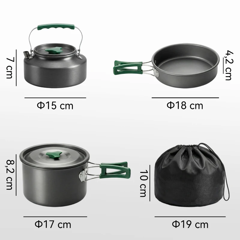 Outsunny Kit de Casseroles Camping en Aluminium 11 Pcs, avec Sac de Rangement et Poignées Anti-Brûlures, Ø19x10cm, Gris