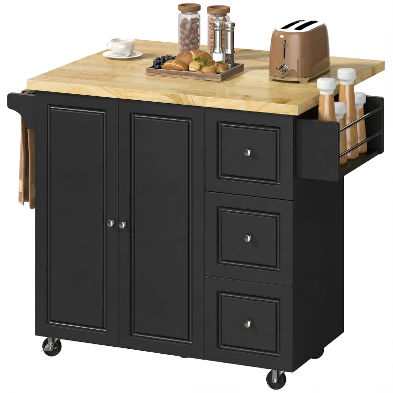 HOMCOM Kitchen Island on Wheels, Rolling Kitchen Storage Trolley with Drop Leaf, Drawers, Towel and Spice Rack, Black