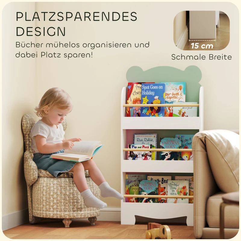 AIYAPLAY Bücherregal Kinder, 3-stufiges Kinderregal mit Bärenthema für Bücher Spielzeug Kinderzimmer, 55 x 15 x 110 cm, Grün