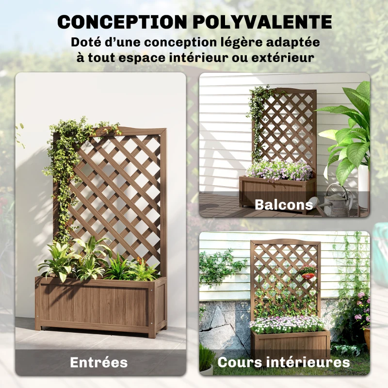 Outsunny Jardinière avec treillis, bac à fleurs, pour plantes grimpantes, légumes, fleurs, en bois massif, 70x28x117cm café foncé