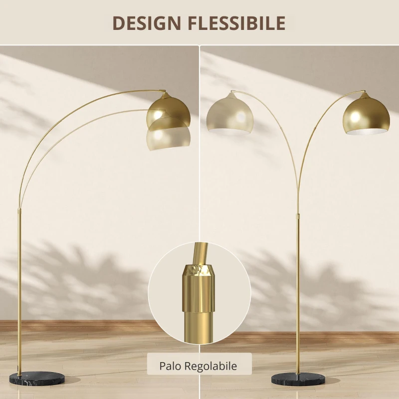 HOMCOM Lampada da Terra in stile vintage con sostegno ad arco regolabile, base in marmo, 40W E27 dim. 100-115L x 30l x 170-180H cm, Oro
