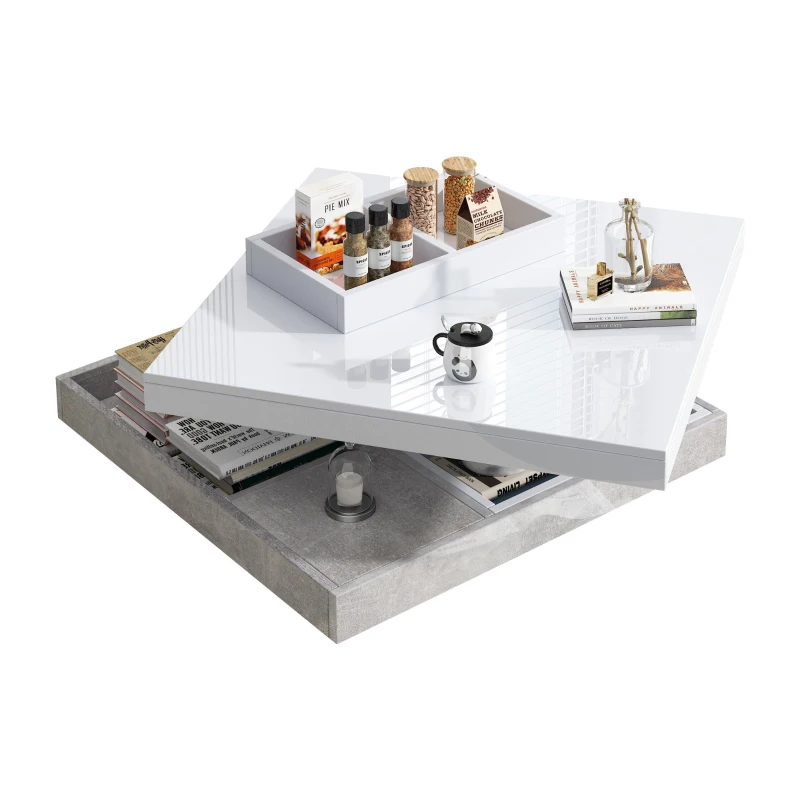 Tavolino da caffè lucido e girevole a 2 livelli con ripiano portaoggetti, 70x70x36 cm, Bianco