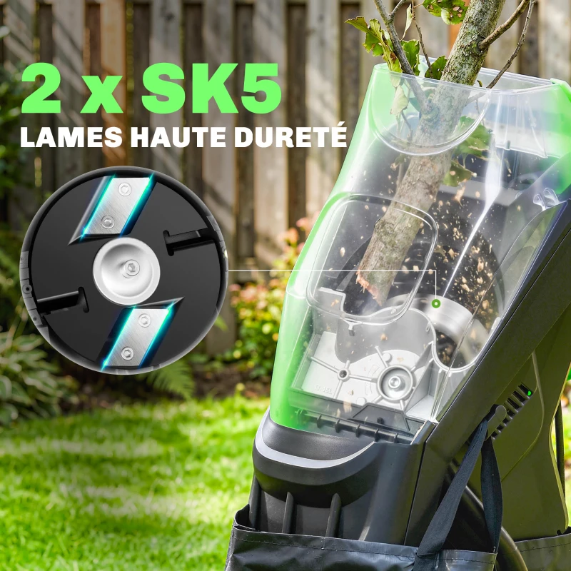 Outsunny Broyeur de Végétaux Électrique 2500 W, Broyeur de Branches avec Sac de Collecte 45L, 4300 tr/min, 44x34x96cm, Vert