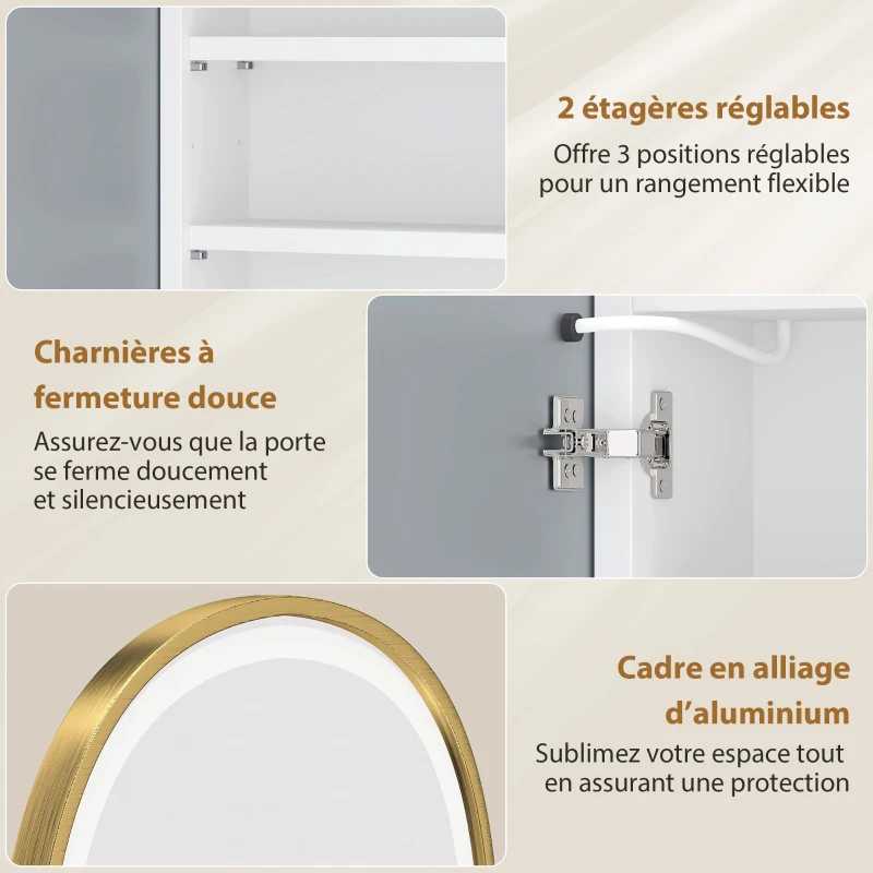 HOMCOM Armoire murale salle de bain avec miroir et éclairage LED, porte ovale, anti-buée, 50x14,5x70cm, doré