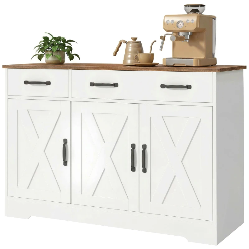 HOMCOM Buffet cucina con 3 ante fienile, 2 cassetti e ripiani, 108x40x81 cm, Bianco
