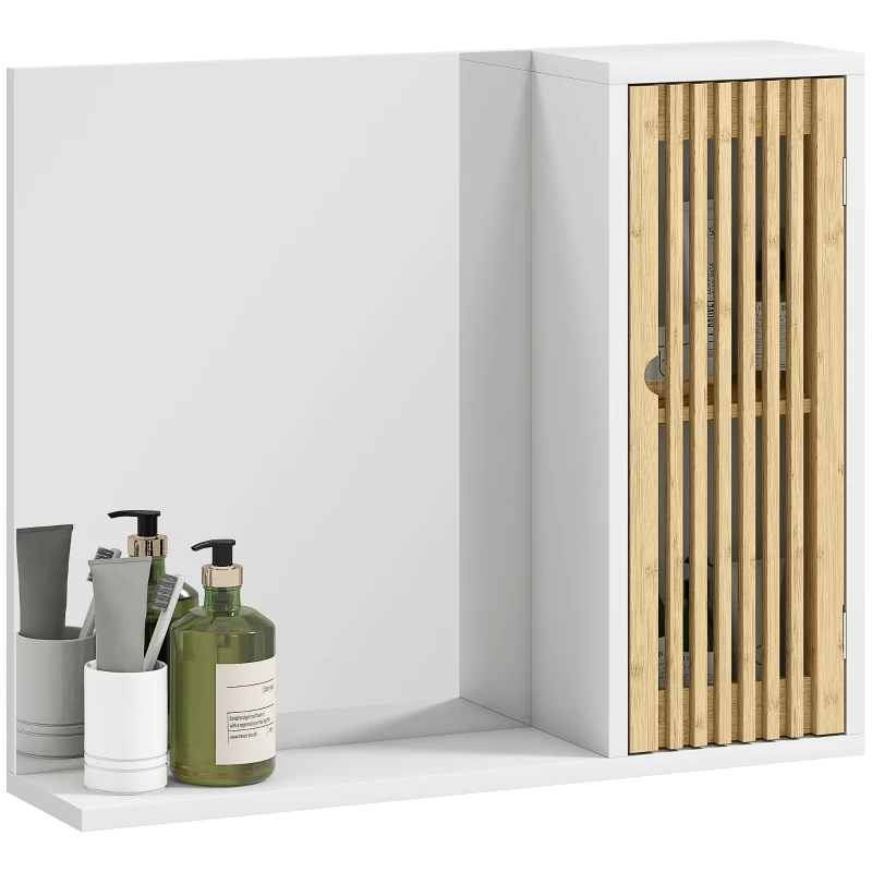 HOMCOM Espejo de Baño 60x50 cm Espejo de Pared con Puerta de Listones de Bambú Estantes de Almacenaje Blanco y Natural