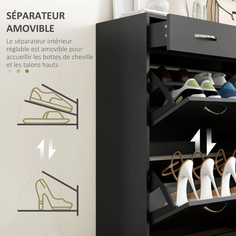 HOMCOM Meuble à chaussures 2 tiroirs et 2 portes abattantes avec étagère réglable, poignées alu. 80 x 30 x 91,5 cm, Noir