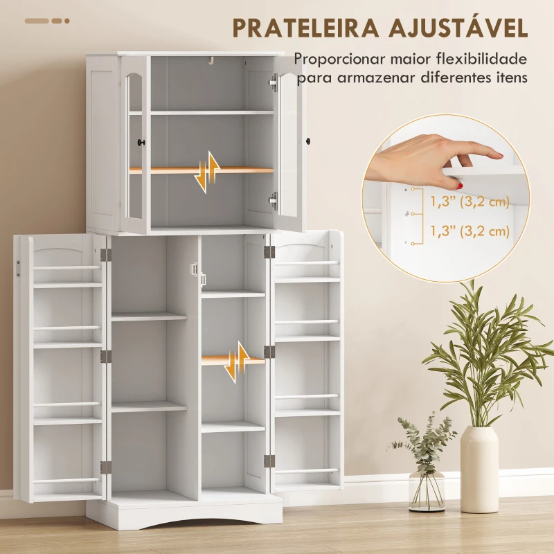 HOMCOM Armário Despensa de Cozinha com 4 Portas 8 Compartimentos e 10 Prateleirascom 4 Prateleiras Ajustáveis 60x40x162 cm Branco